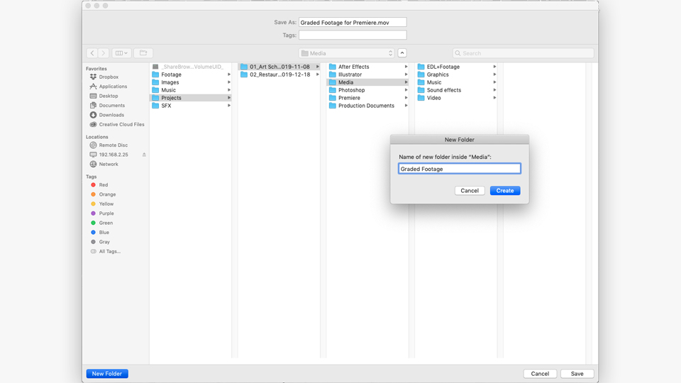 Creating a new folder for the graded footage in Finder for Premiere Pro to DaVinci Resolve roundtrip.
