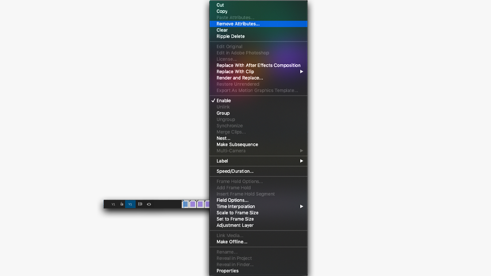 Menu selections for removing all attributes from a video track in Premiere Pro.