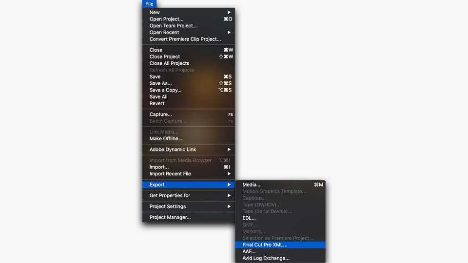 Menu selections for exporting an XML file for a Premiere Pro to DaVinci Resolve roundtrip.