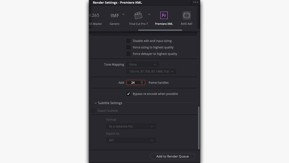 Adding frame handles to the graded XML file in DaVinci Resolve's render settings.