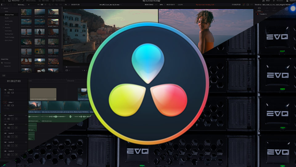 DaVinci Resolve logo over ShareBrowser media asset management software and 16 Bay EVO shared storage media server