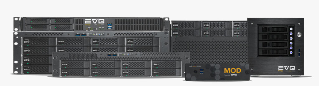 EVO shared storage servers in 16 Bay, 8 Bay, 4 Bay, and MOD models